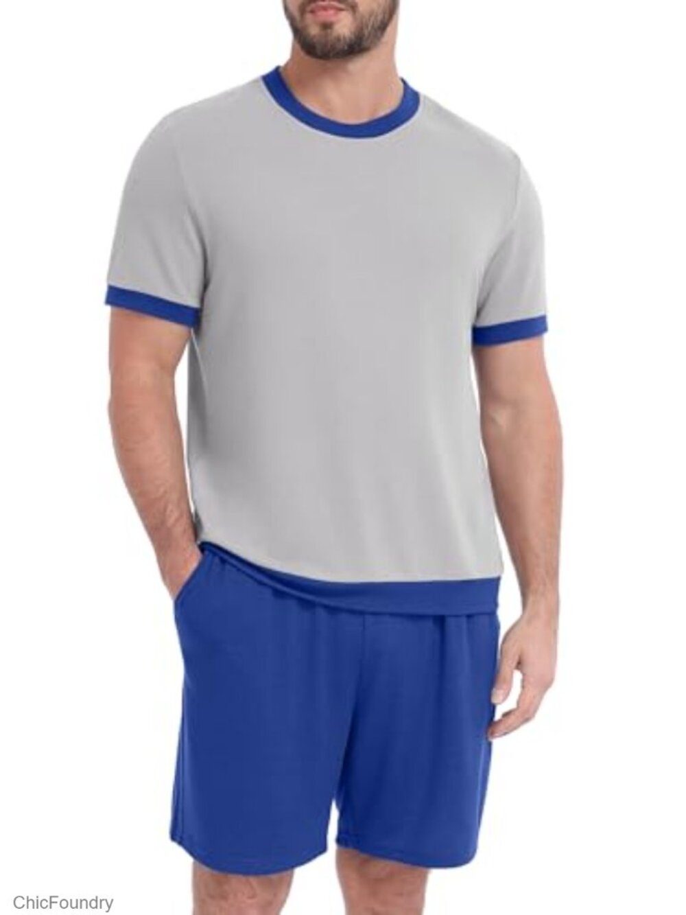 Men's Pajama Set Short Sleeve Sleepwear Knit Lounge Set with Pockets